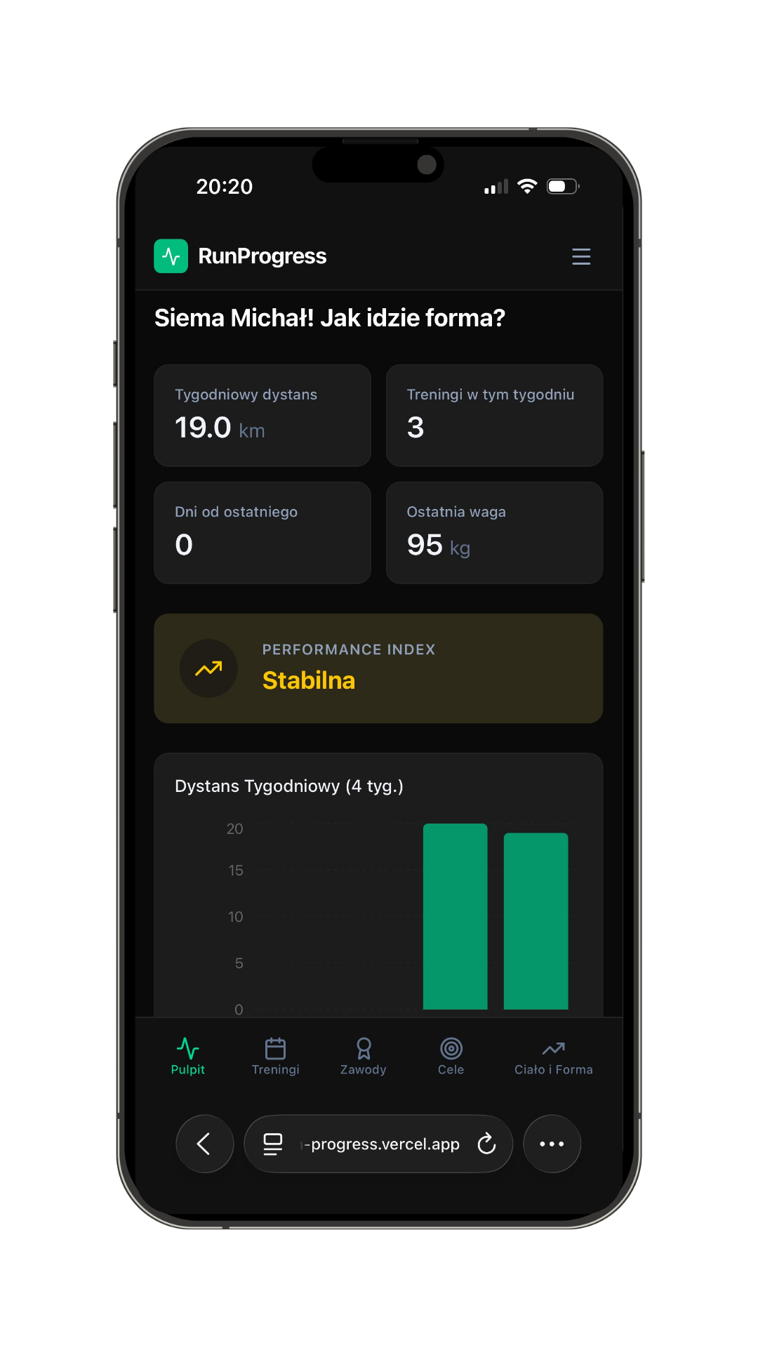 RunProgress – widok mobilny aplikacji do śledzenia biegów